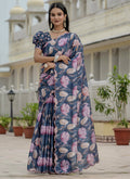 Vegaa Fashion Grey Chinon Silk Floral Printed With Mirror Cut Border Ready To Wear Saree | Grocsy