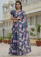 Vegaa Fashion Grey Chinon Silk Floral Printed With Mirror Cut Border Ready To Wear Saree | Grocsy