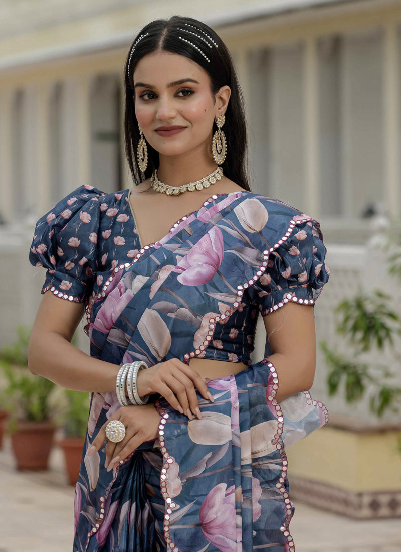 Vegaa Fashion Grey Chinon Silk Floral Printed With Mirror Cut Border Ready To Wear Saree | Grocsy