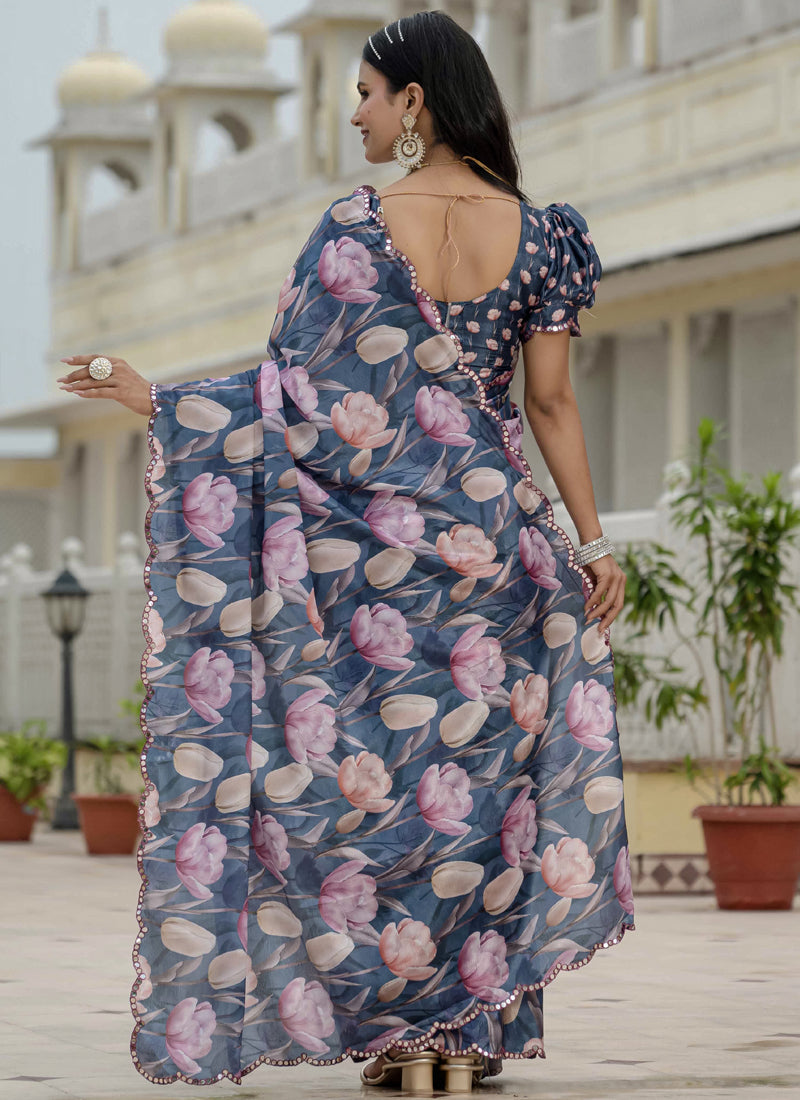 Vegaa Fashion Grey Chinon Silk Floral Printed With Mirror Cut Border Ready To Wear Saree | Grocsy
