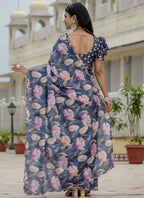 Vegaa Fashion Grey Chinon Silk Floral Printed With Mirror Cut Border Ready To Wear Saree | Grocsy