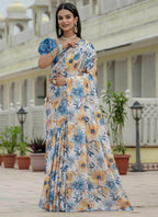 Vegaa Fashion Off White Chinon Silk Floral Printed With Mirror Cut Border Ready To Wear Saree | Grocsy