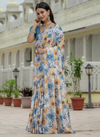 Vegaa Fashion Off White Chinon Silk Floral Printed With Mirror Cut Border Ready To Wear Saree | Grocsy