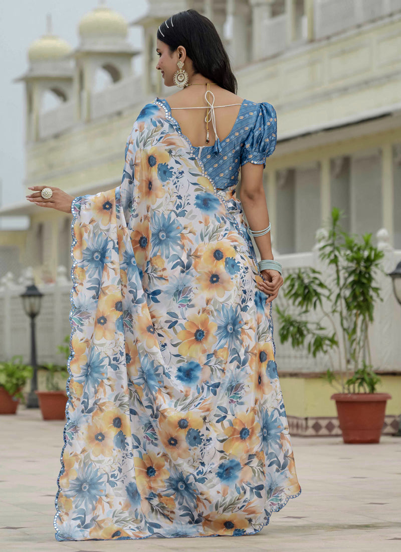 Vegaa Fashion Off White Chinon Silk Floral Printed With Mirror Cut Border Ready To Wear Saree | Grocsy