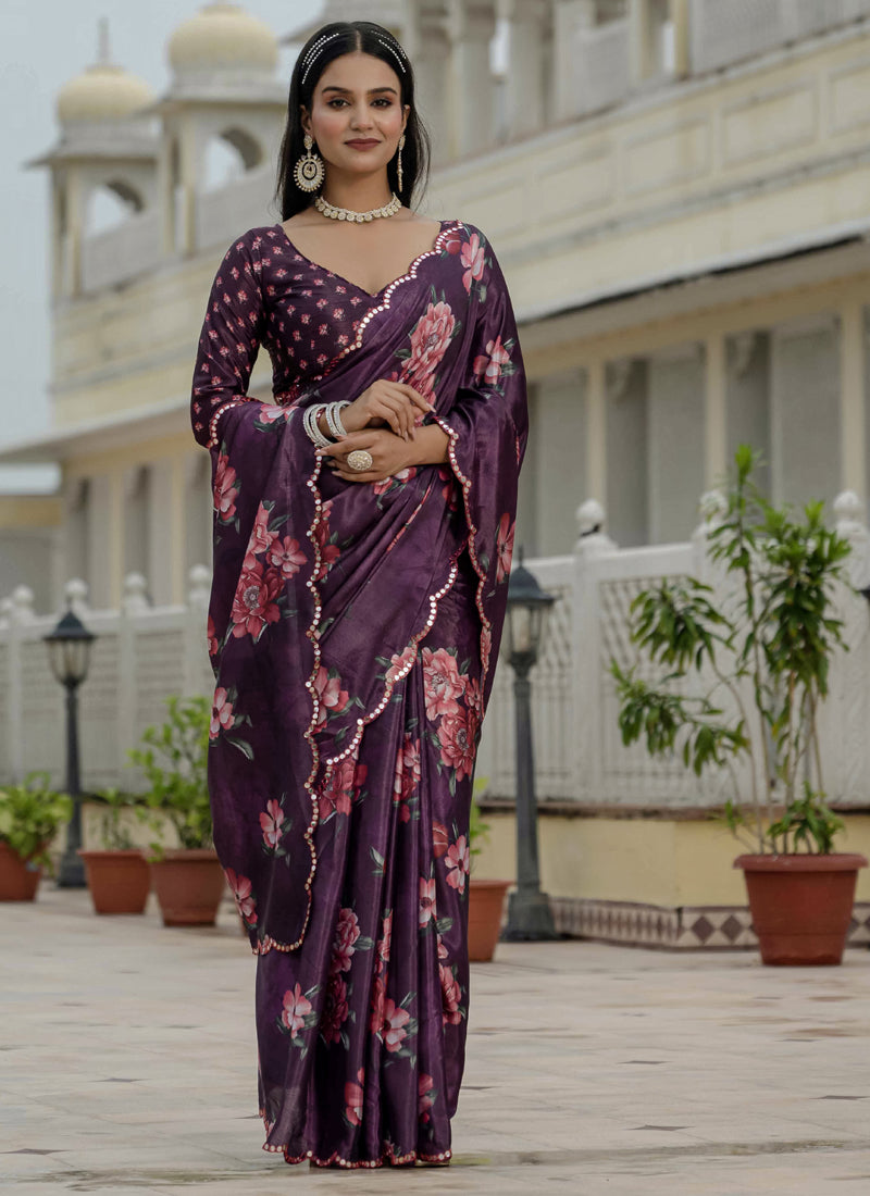 Vegaa Fashion Wine Chinon Silk Floral Printed With Mirror Cut Border Ready To Wear Saree | Grocsy