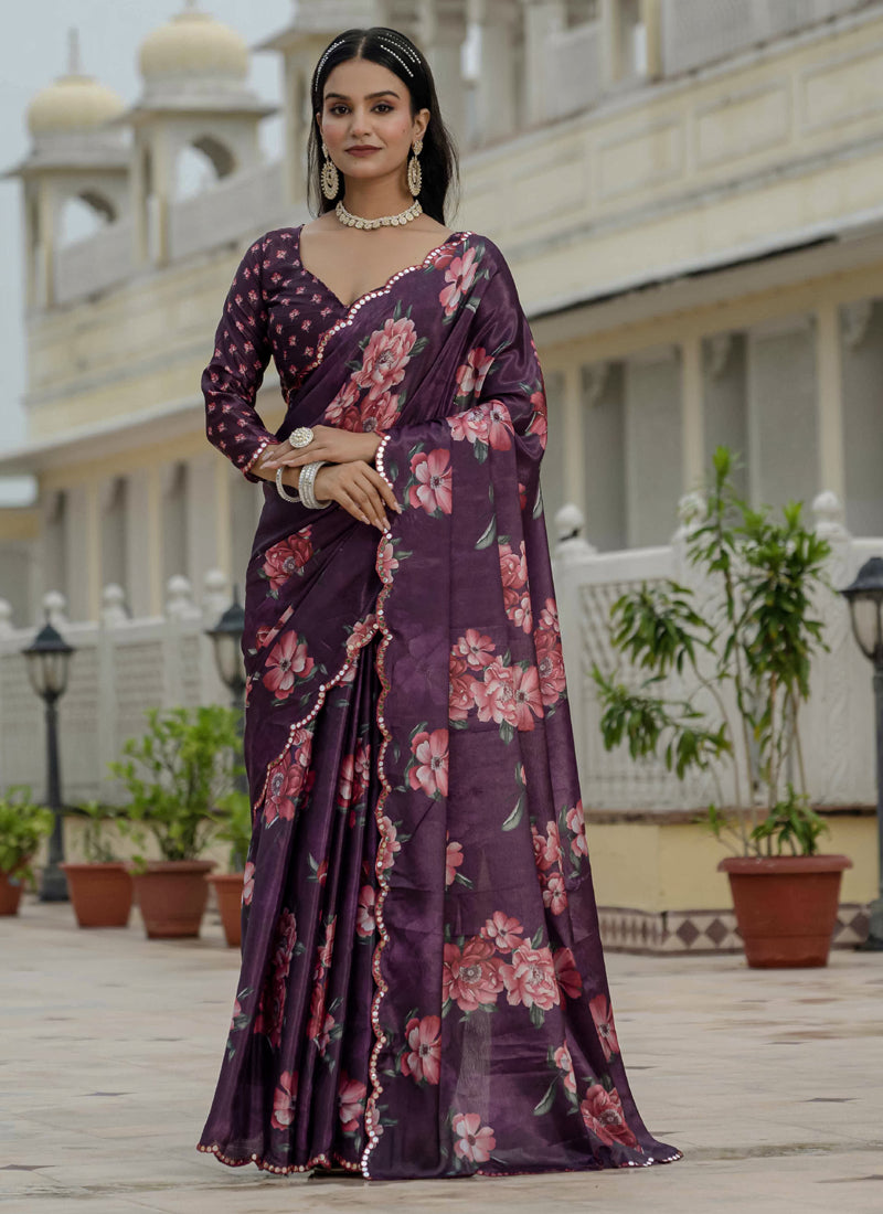 Vegaa Fashion Wine Chinon Silk Floral Printed With Mirror Cut Border Ready To Wear Saree | Grocsy