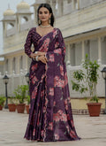Vegaa Fashion Wine Chinon Silk Floral Printed With Mirror Cut Border Ready To Wear Saree | Grocsy