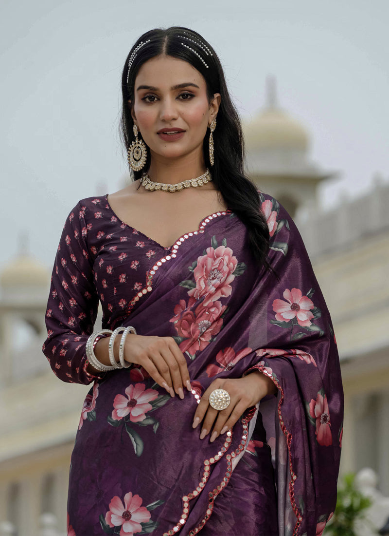 Vegaa Fashion Wine Chinon Silk Floral Printed With Mirror Cut Border Ready To Wear Saree | Grocsy