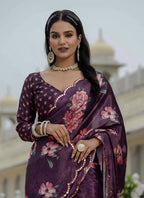 Vegaa Fashion Wine Chinon Silk Floral Printed With Mirror Cut Border Ready To Wear Saree | Grocsy