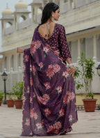 Vegaa Fashion Wine Chinon Silk Floral Printed With Mirror Cut Border Ready To Wear Saree | Grocsy