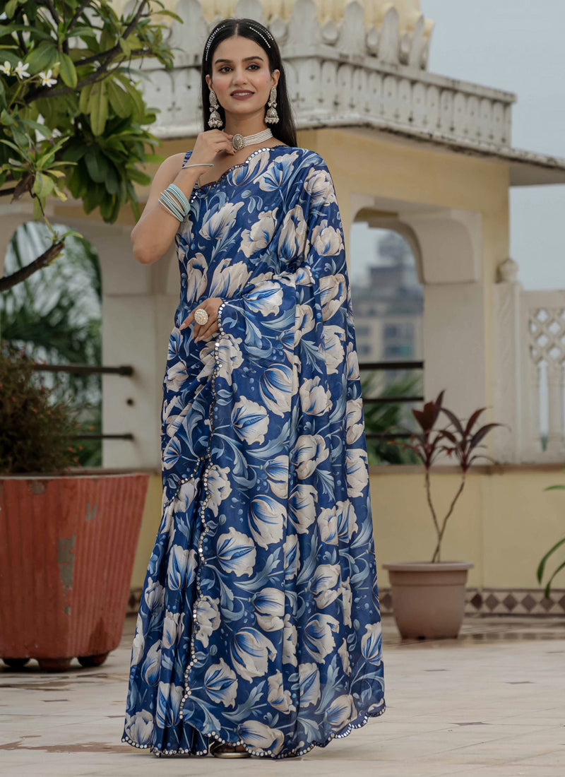 Vegaa Fashion Blue Chinon Silk Floral Printed With Mirror Cut Border Ready To Wear Saree | Grocsy