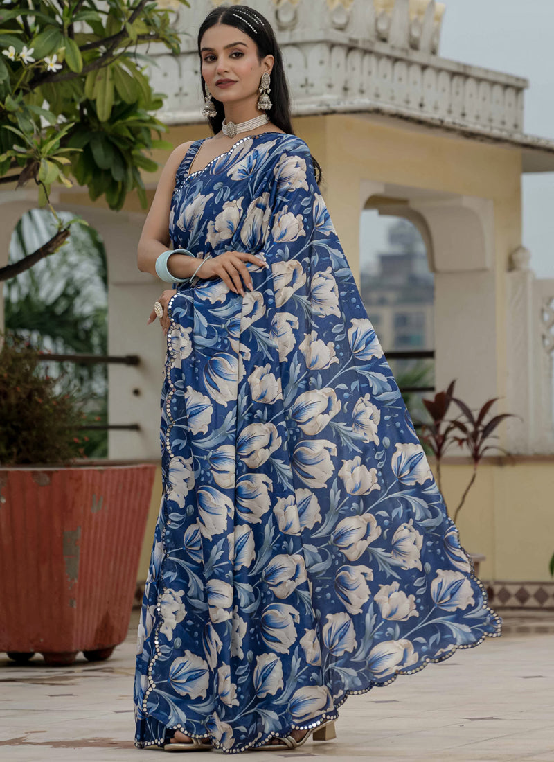 Vegaa Fashion Blue Chinon Silk Floral Printed With Mirror Cut Border Ready To Wear Saree | Grocsy