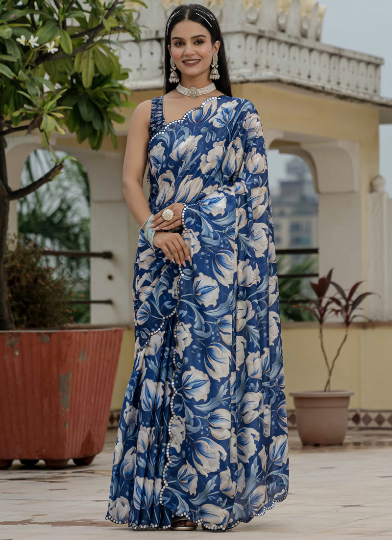 Vegaa Fashion Blue Chinon Silk Floral Printed With Mirror Cut Border Ready To Wear Saree | Grocsy