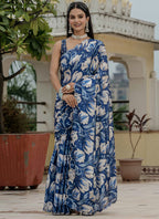 Vegaa Fashion Blue Chinon Silk Floral Printed With Mirror Cut Border Ready To Wear Saree | Grocsy