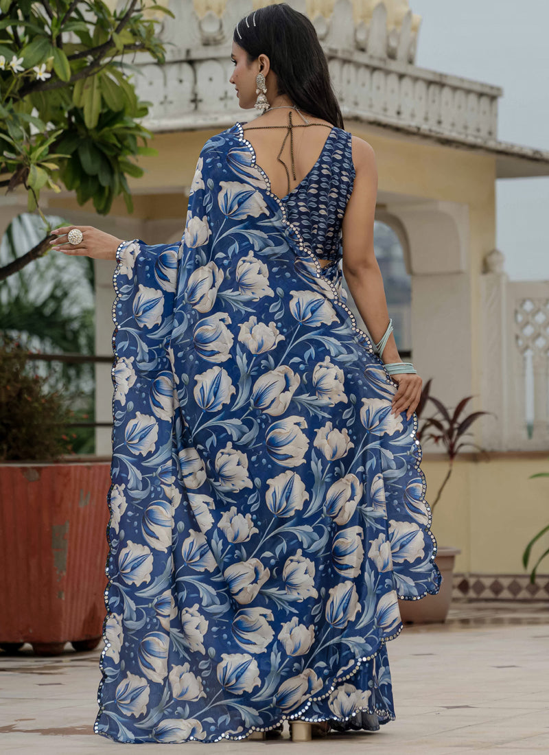 Vegaa Fashion Blue Chinon Silk Floral Printed With Mirror Cut Border Ready To Wear Saree | Grocsy