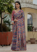 Vegaa Fashion Multi Color Chinon Silk Floral Printed With Mirror Cut Border Ready To Wear Saree | Grocsy