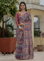 Vegaa Fashion Multi Color Chinon Silk Floral Printed With Mirror Cut Border Ready To Wear Saree | Grocsy