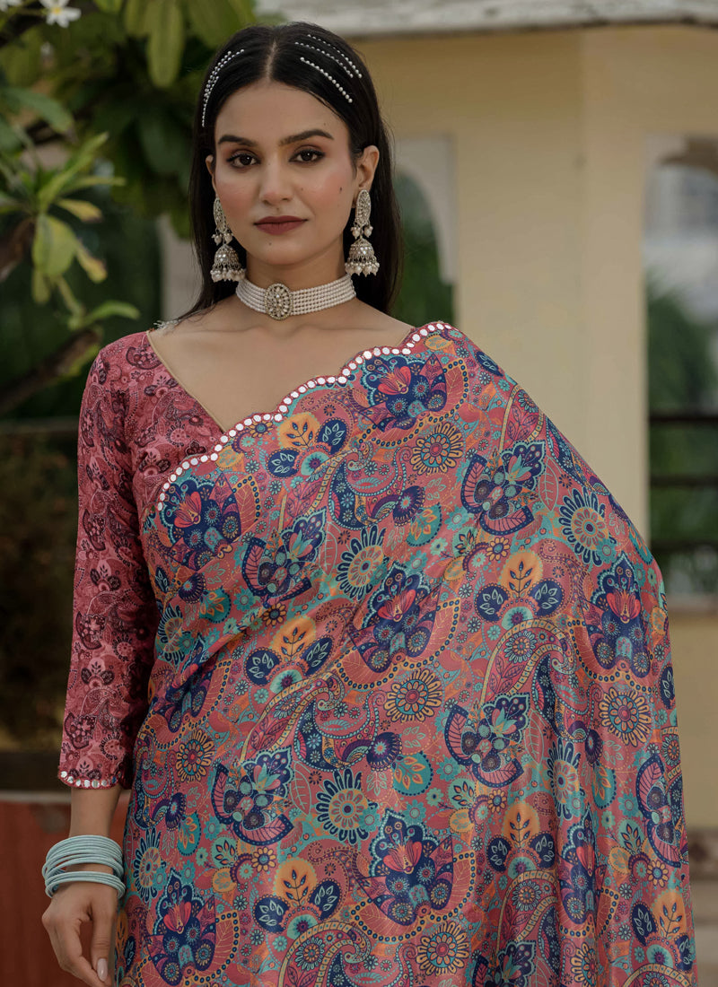 Vegaa Fashion Multi Color Chinon Silk Floral Printed With Mirror Cut Border Ready To Wear Saree | Grocsy