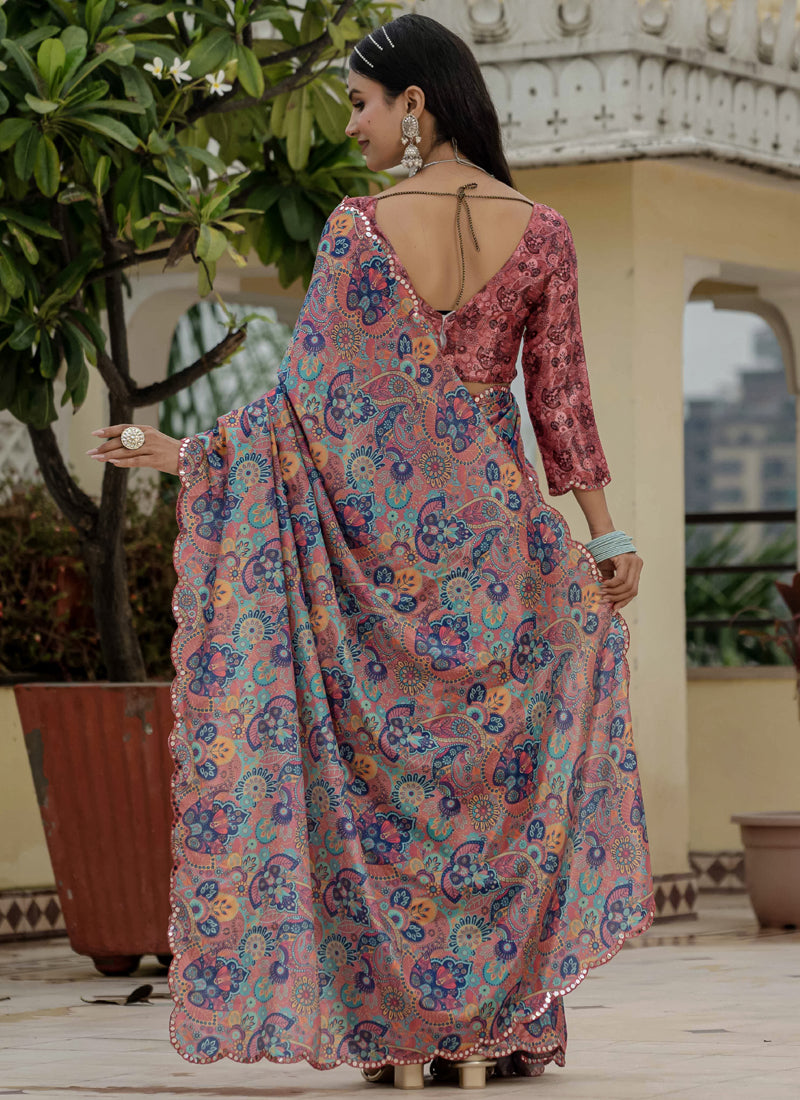 Vegaa Fashion Multi Color Chinon Silk Floral Printed With Mirror Cut Border Ready To Wear Saree | Grocsy