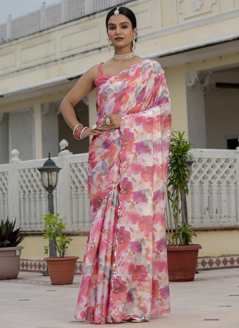 Vegaa Fashion Multi Color Chinon Silk Floral Printed With Mirror Cut Border Ready To Wear Saree | Grocsy