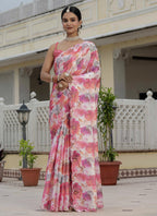 Vegaa Fashion Multi Color Chinon Silk Floral Printed With Mirror Cut Border Ready To Wear Saree | Grocsy