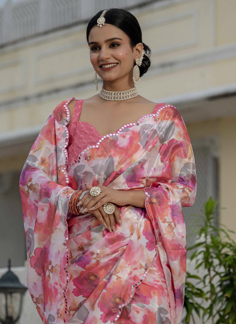 Vegaa Fashion Multi Color Chinon Silk Floral Printed With Mirror Cut Border Ready To Wear Saree | Grocsy