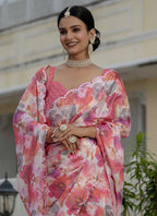 Vegaa Fashion Multi Color Chinon Silk Floral Printed With Mirror Cut Border Ready To Wear Saree | Grocsy