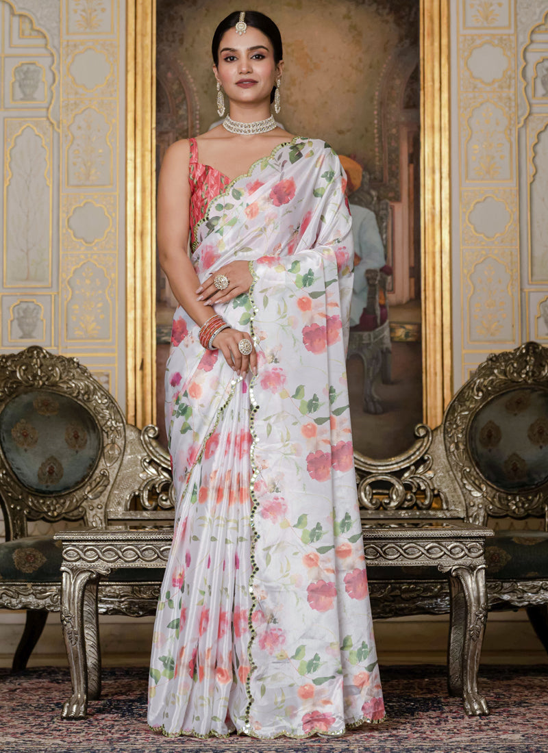 Vegaa Fashion Off White Chinon Silk Floral Printed With Mirror Cut Border Ready To Wear Saree | Grocsy