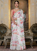 Vegaa Fashion Off White Chinon Silk Floral Printed With Mirror Cut Border Ready To Wear Saree | Grocsy