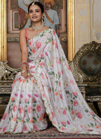 Vegaa Fashion Off White Chinon Silk Floral Printed With Mirror Cut Border Ready To Wear Saree | Grocsy