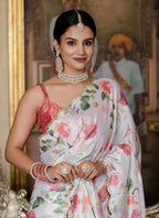 Vegaa Fashion Off White Chinon Silk Floral Printed With Mirror Cut Border Ready To Wear Saree | Grocsy