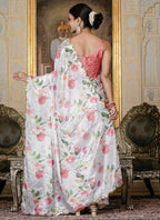 Vegaa Fashion Off White Chinon Silk Floral Printed With Mirror Cut Border Ready To Wear Saree | Grocsy