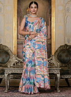 Vegaa Fashion Multi Color Chinon Silk Floral Printed With Mirror Cut Border Ready To Wear Saree | Grocsy