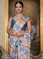 Vegaa Fashion Multi Color Chinon Silk Floral Printed With Mirror Cut Border Ready To Wear Saree | Grocsy