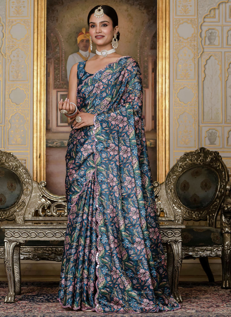 Vegaa Fashion Multi Color Chinon Silk Floral Printed Ready To Wear Saree With Mirror Work Border | Grocsy