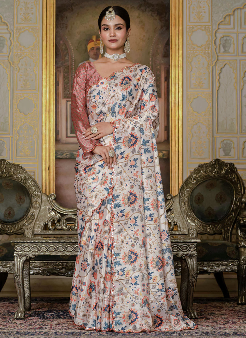 Vegaa Fashion Multi Color Chinon Silk Floral Printed Ready To Wear Saree With Mirror Work Border | Grocsy