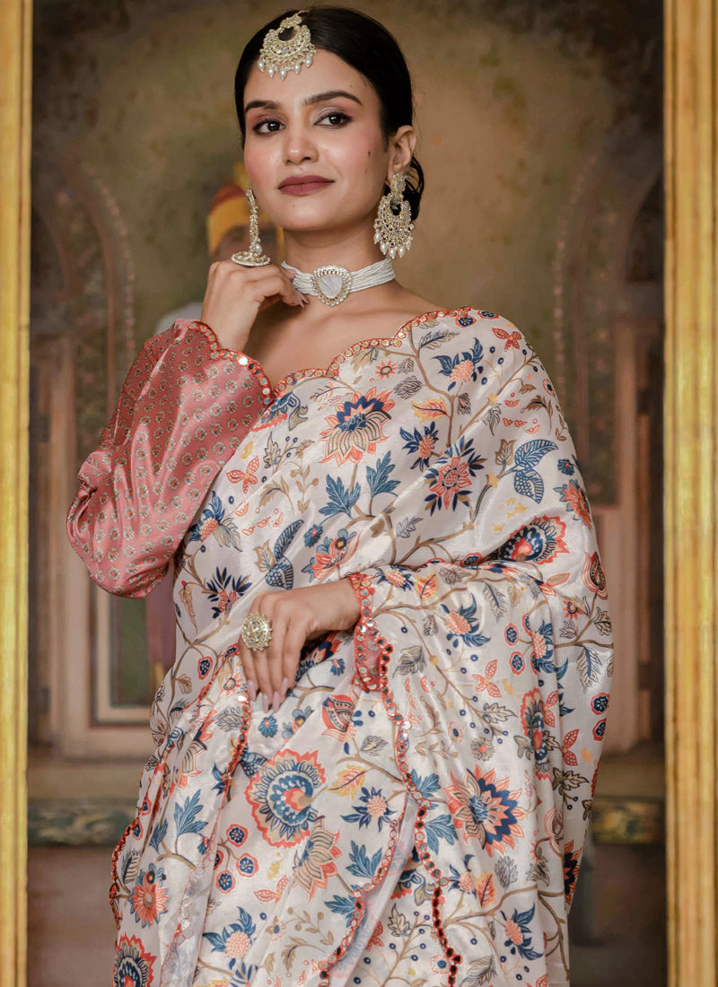 Vegaa Fashion Multi Color Chinon Silk Floral Printed Ready To Wear Saree With Mirror Work Border | Grocsy