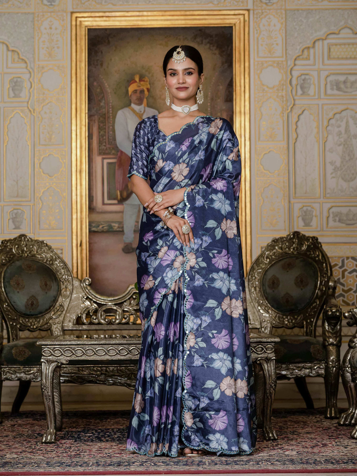 Vegaa Fashion Multi Color Chinon Silk Floral Printed Ready To Wear Saree With Mirror Work Border | Grocsy