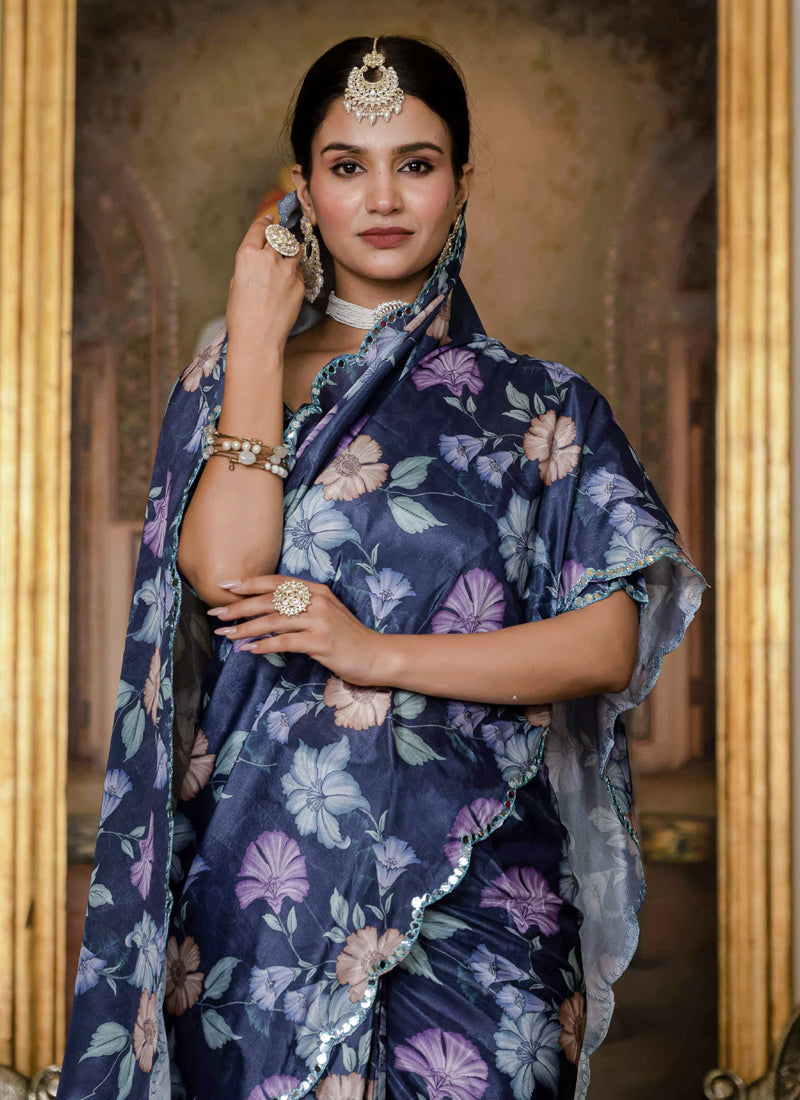 Vegaa Fashion Multi Color Chinon Silk Floral Printed Ready To Wear Saree With Mirror Work Border | Grocsy