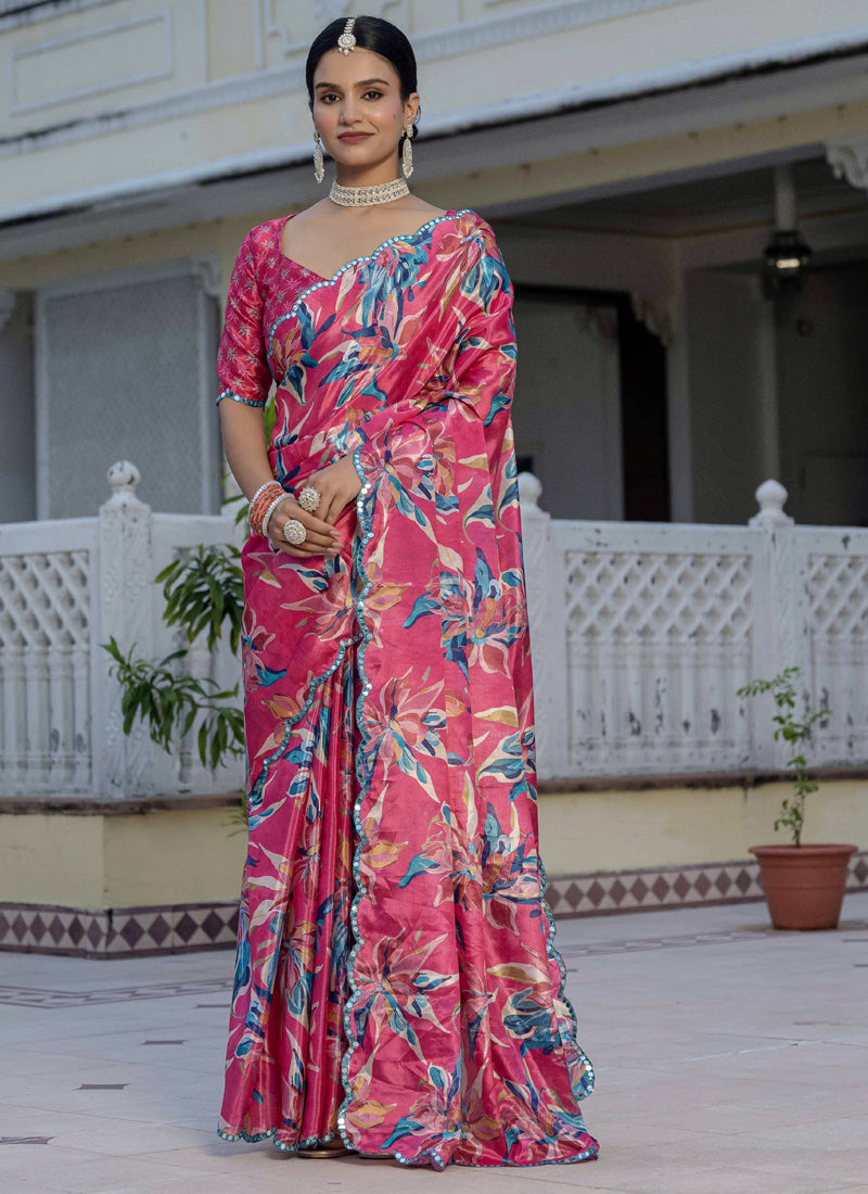 Vegaa Fashion Multi Color Chinon Silk Floral Printed Ready To Wear Saree With Mirror Work Border | Grocsy