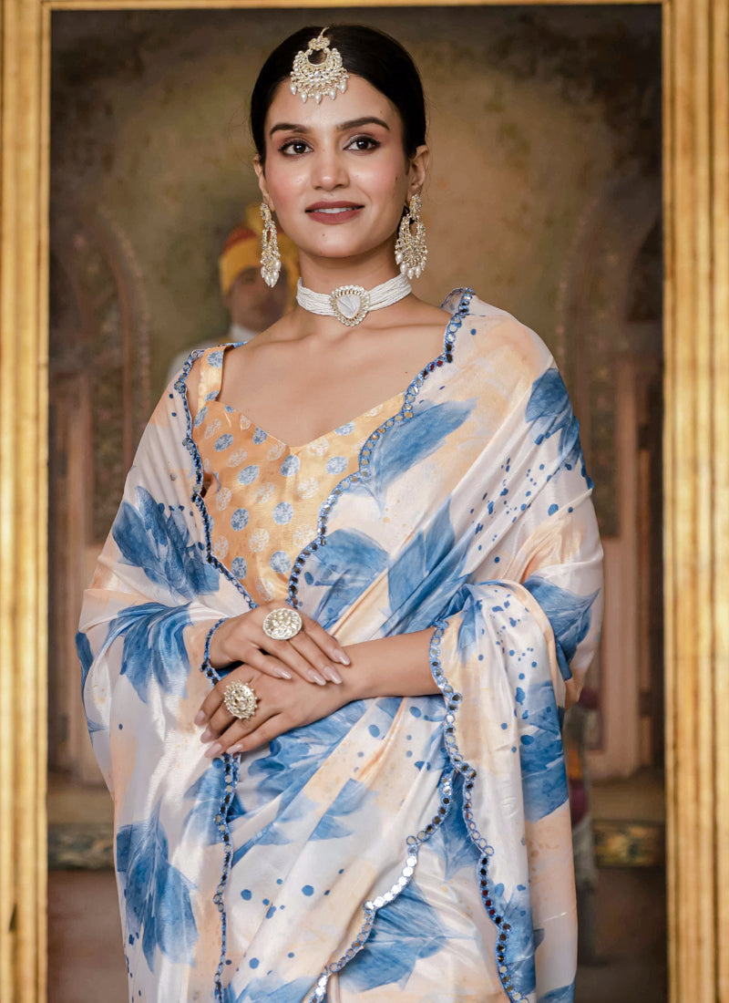 Vegaa Fashion Multi Color Chinon Silk Floral Printed Ready To Wear Saree With Mirror Work Border | Grocsy