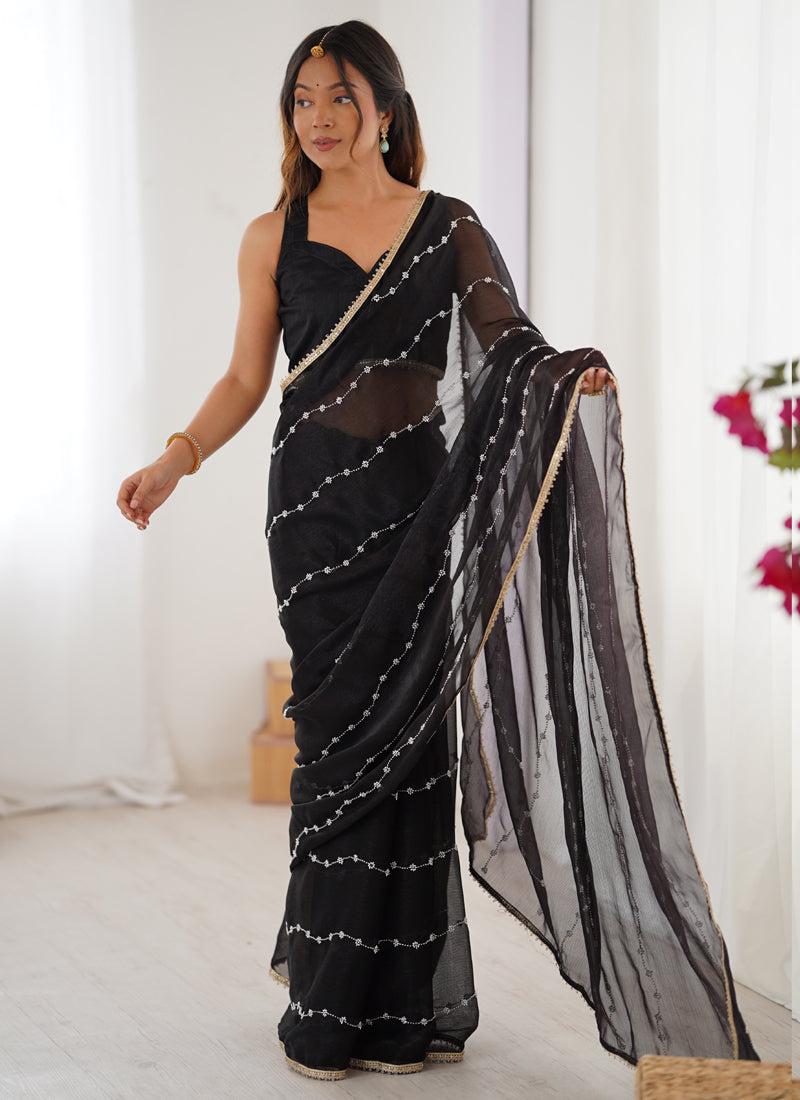 Vegaa Fashion Black Smooth Sitara Fabric Moti & Val Sequence Designer Saree | Grocsy