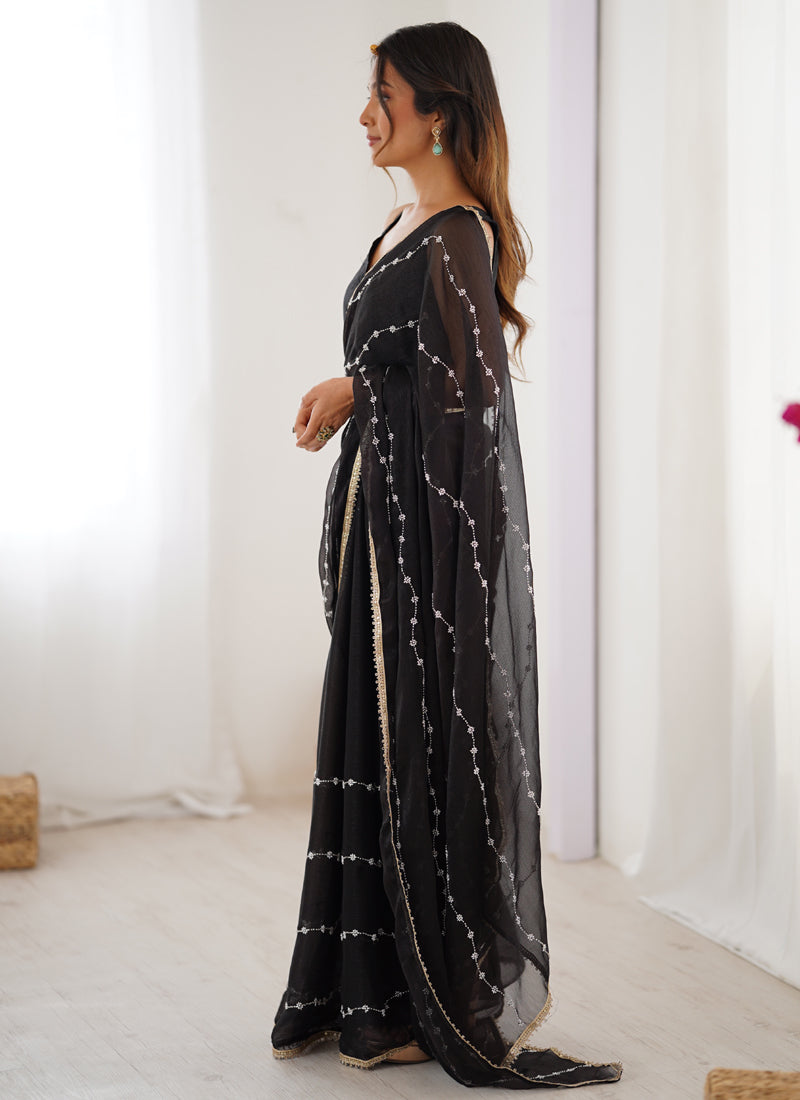 Vegaa Fashion Black Smooth Sitara Fabric Moti & Val Sequence Designer Saree | Grocsy