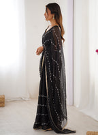 Vegaa Fashion Black Smooth Sitara Fabric Moti & Val Sequence Designer Saree | Grocsy