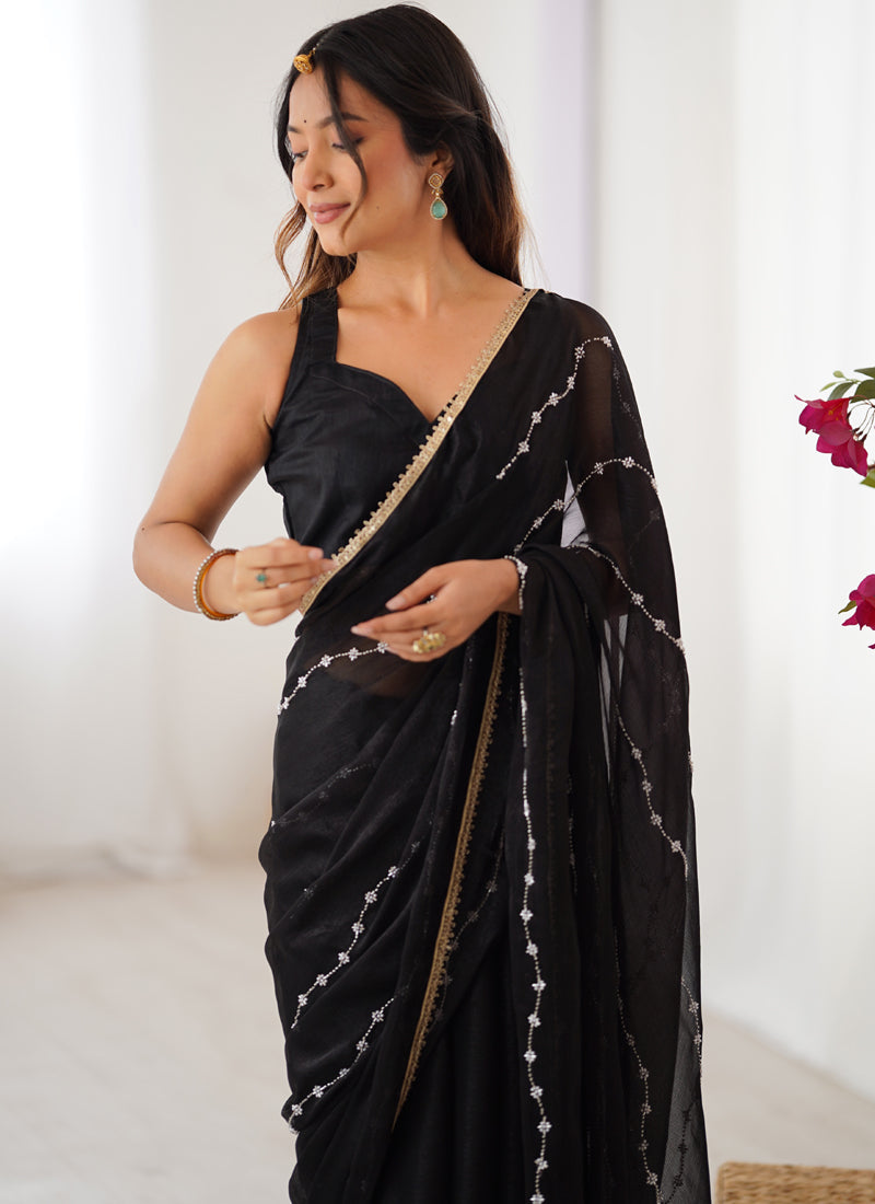 Vegaa Fashion Black Smooth Sitara Fabric Moti & Val Sequence Designer Saree | Grocsy