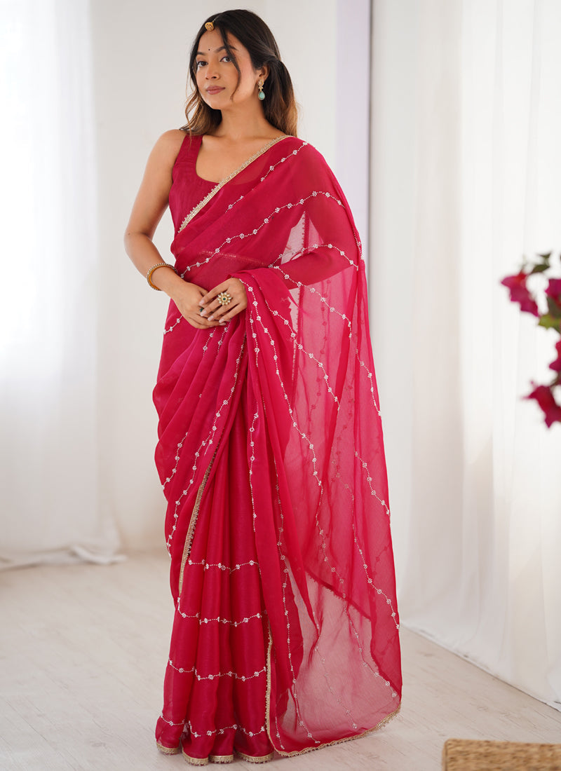 Vegaa Fashion Pink Smooth Sitara Fabric Moti & Val Sequence Designer Saree | Grocsy