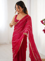 Vegaa Fashion Pink Smooth Sitara Fabric Moti & Val Sequence Designer Saree | Grocsy