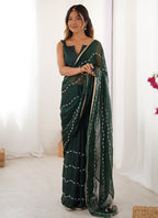 Vegaa Fashion Green Smooth Sitara Fabric Moti & Val Sequence Designer Saree | Grocsy