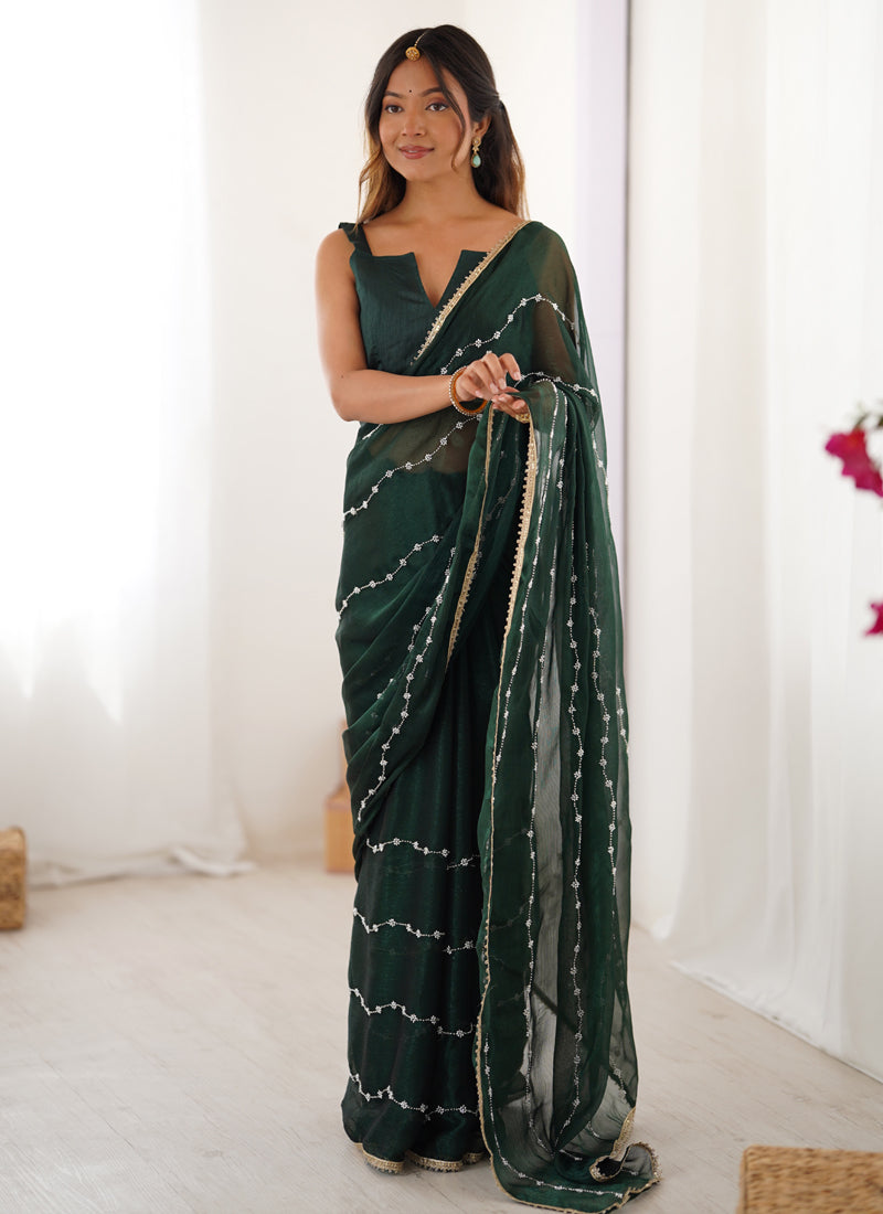 Vegaa Fashion Green Smooth Sitara Fabric Moti & Val Sequence Designer Saree | Grocsy