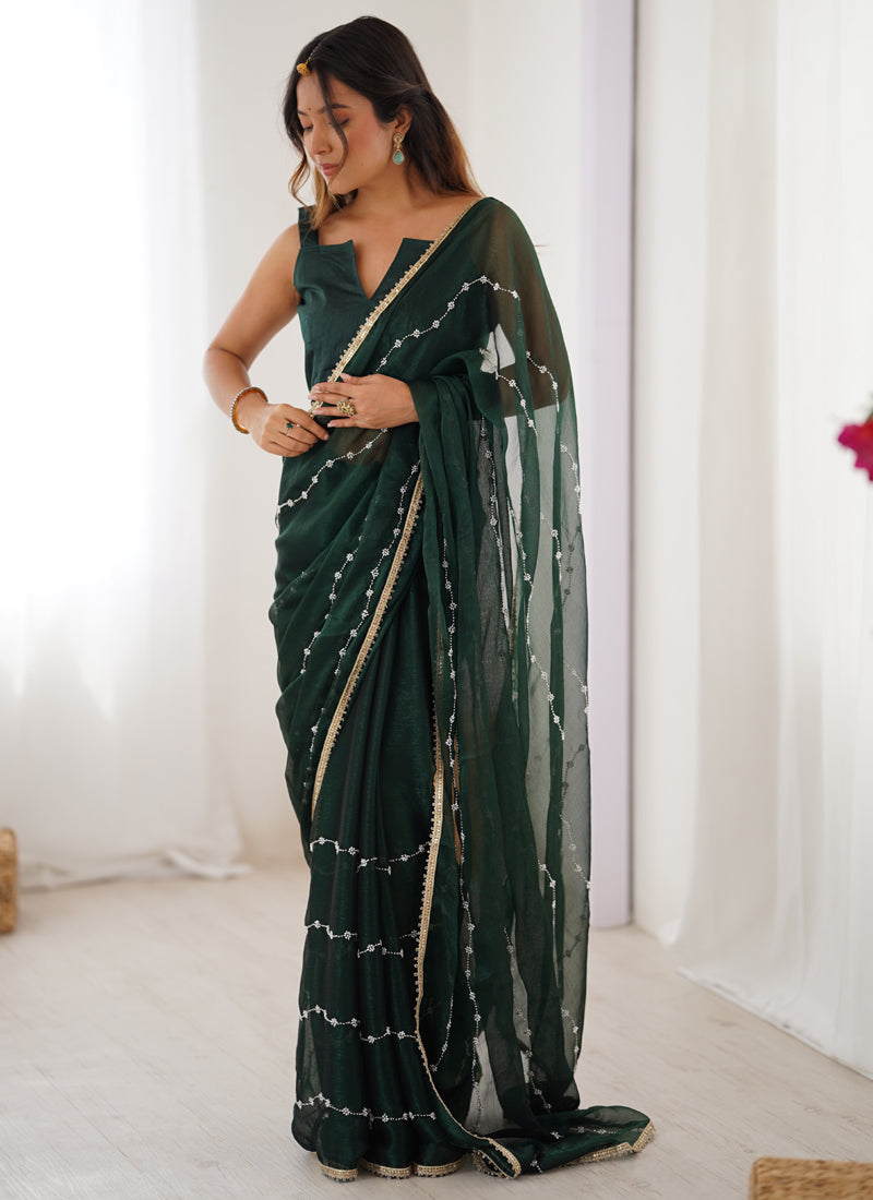 Vegaa Fashion Green Smooth Sitara Fabric Moti & Val Sequence Designer Saree | Grocsy